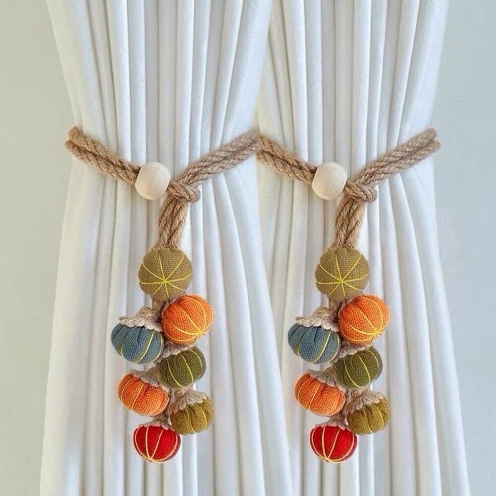 Boho Pumpkin Curtain Tiebacks Set of 2 Jute Rope Drapery Farmhouse Fall Decor